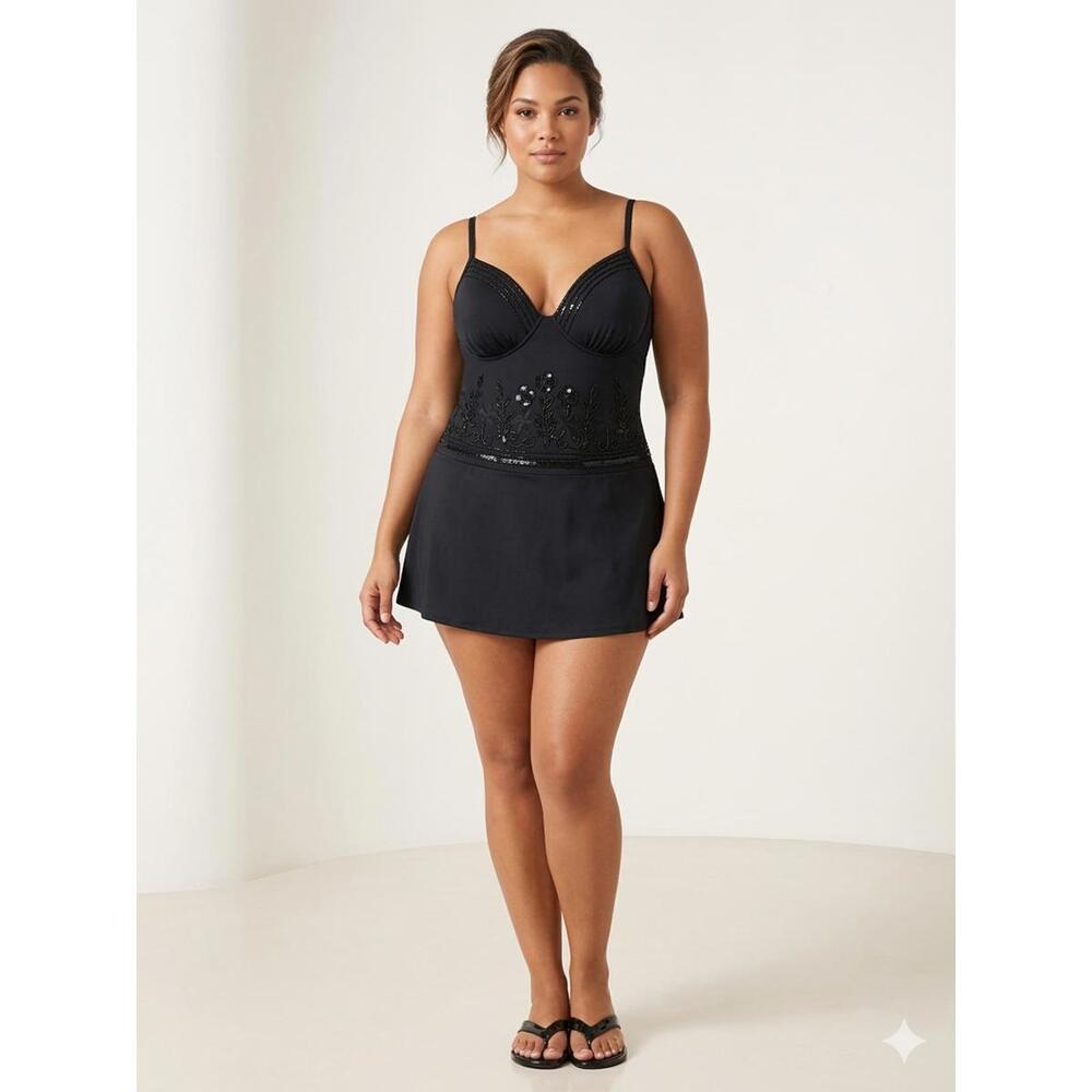 ShapeFX Black Embellished One-Piece Swimdress 16 plus size